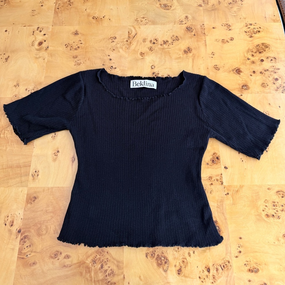 Beklina Black Ribbed Short Sleeve Tee with Lettuce-Edge Trim